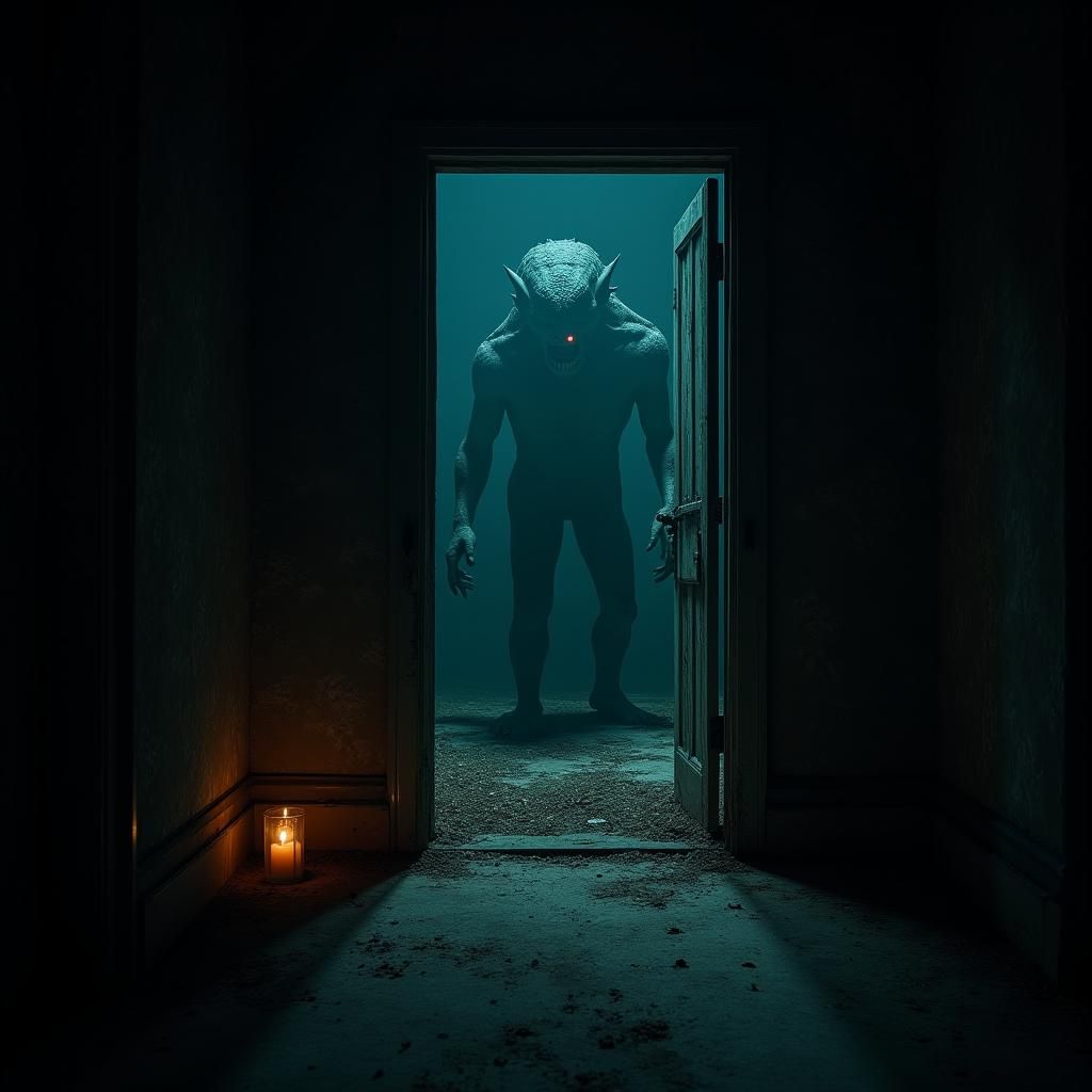 Eerie Monster in Abandoned Mansion at Night