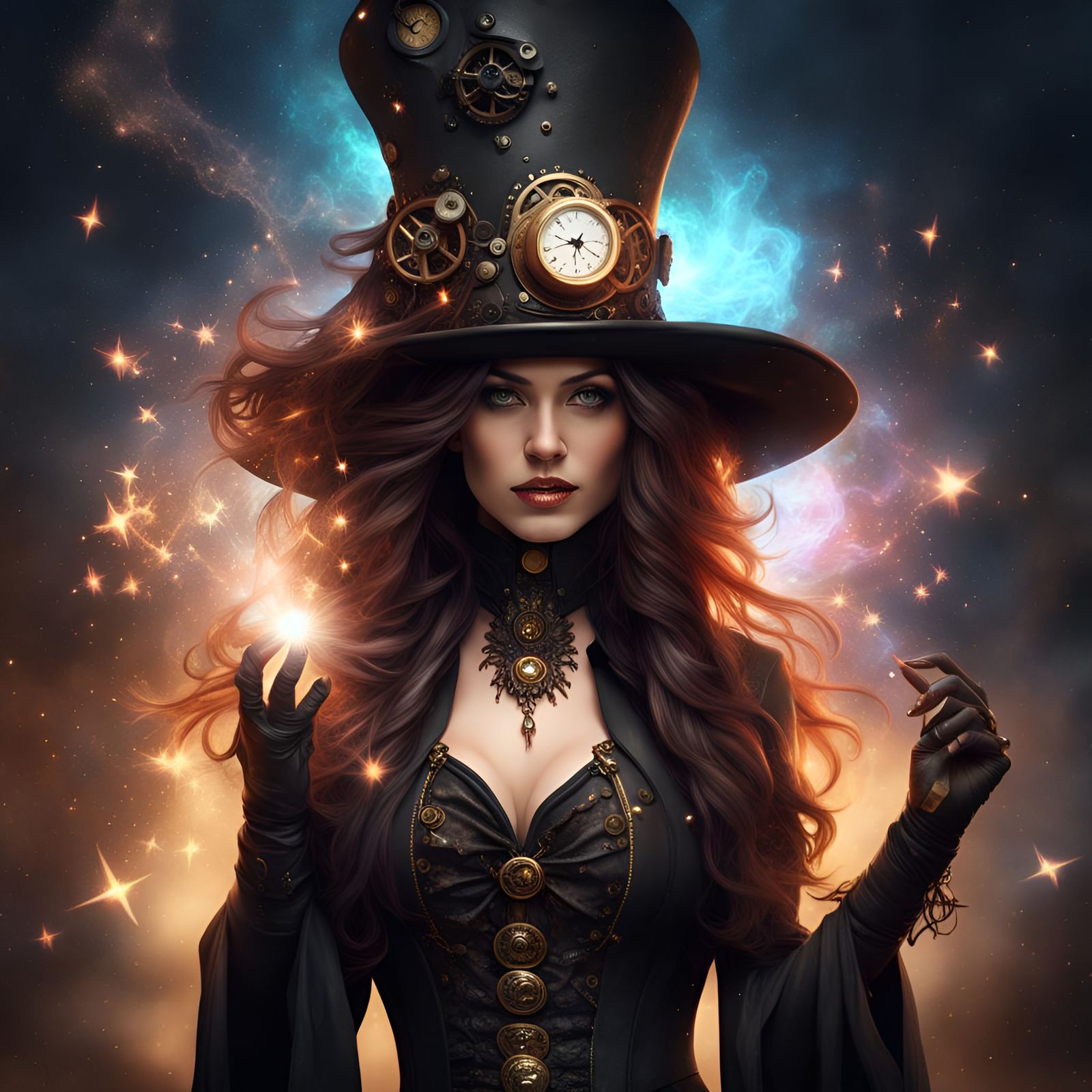Steampunk Witch Portrait with Exploding Star Background