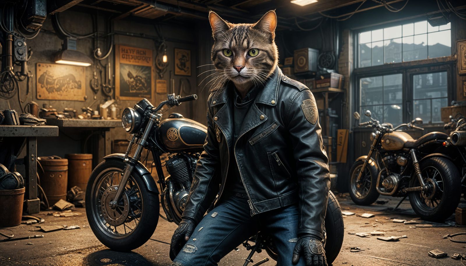 Gen X cat, clad in a leather jacket and ripped jeans