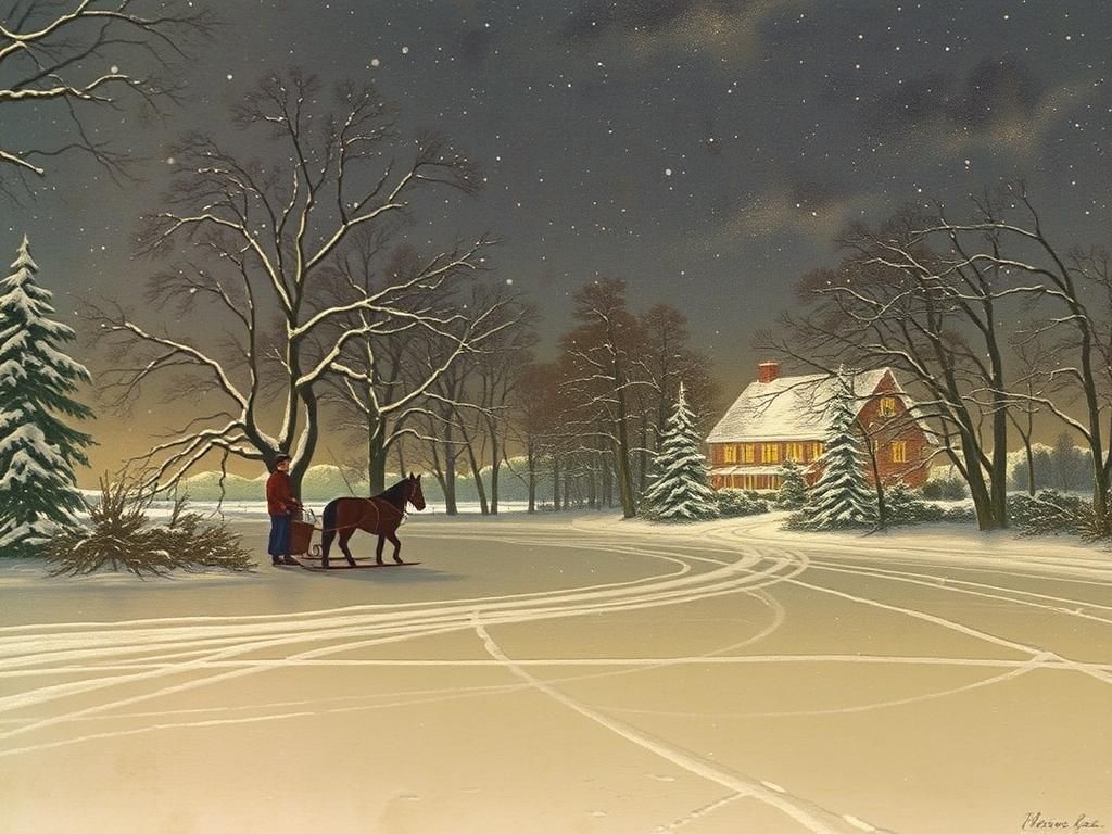Idyllic Winter Scene in Folk Art Style