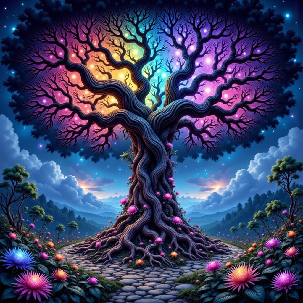 Colossal Rainbow Tree in Swirling Nebula Sky