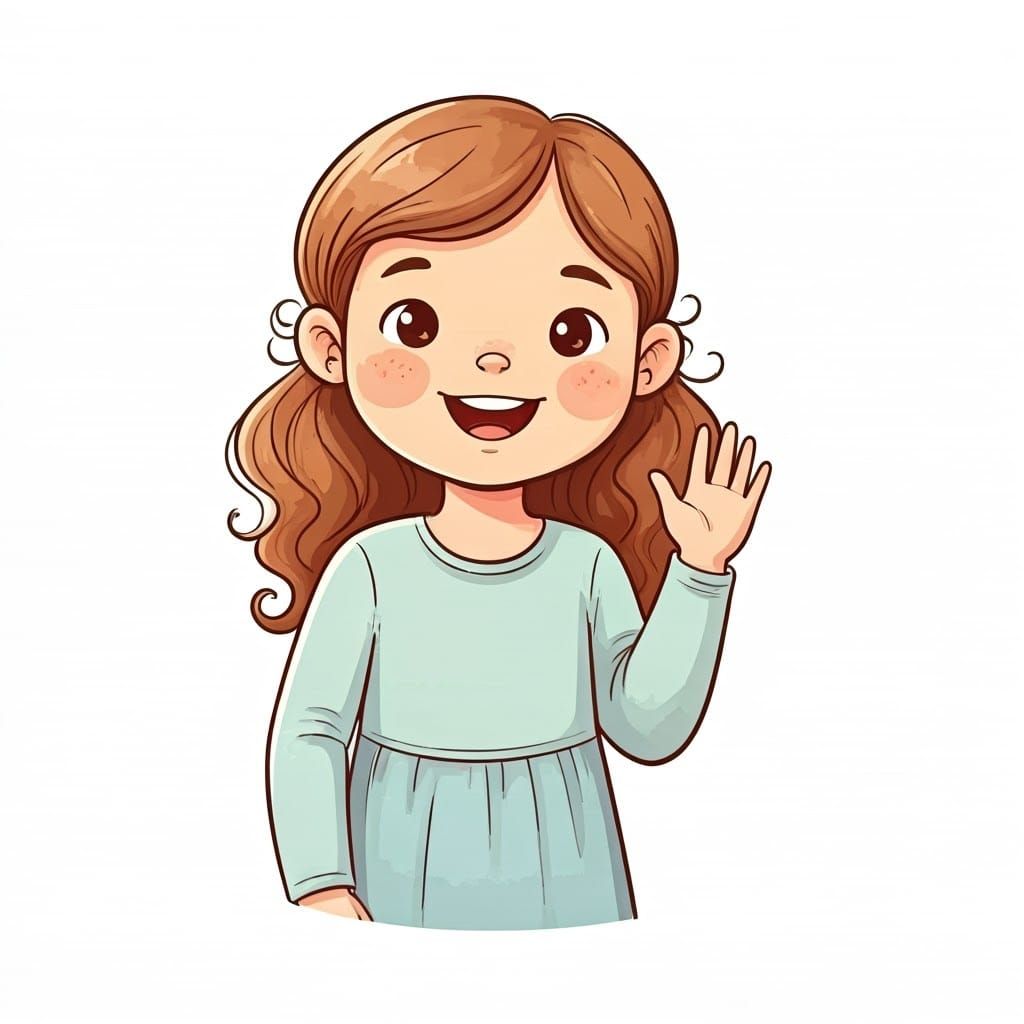 Whimsical Girl Waving Hello in Pastel Colors