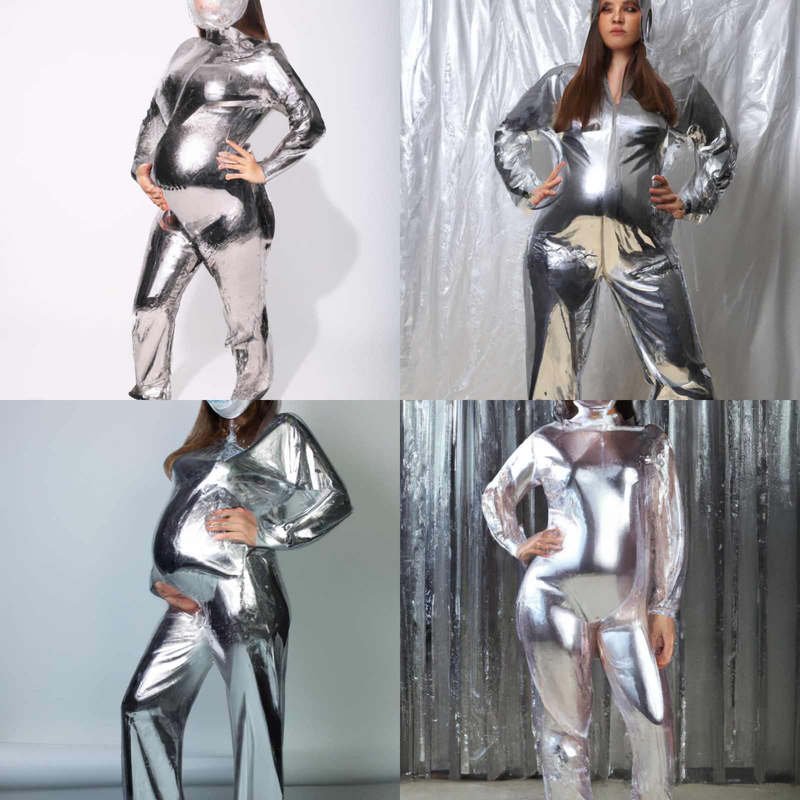 Futuristic Portrait: Pregnant Woman in Silver Catsuit