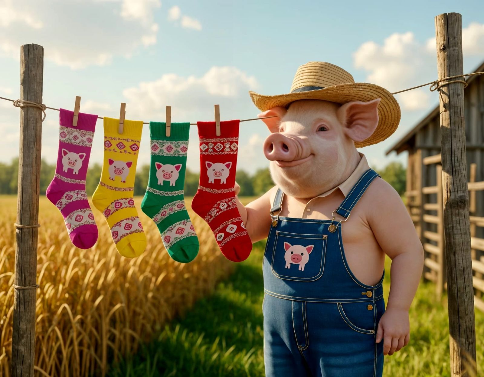 Anthropomorphic Pig on Farm Clothesline, Photorealistic Styl...