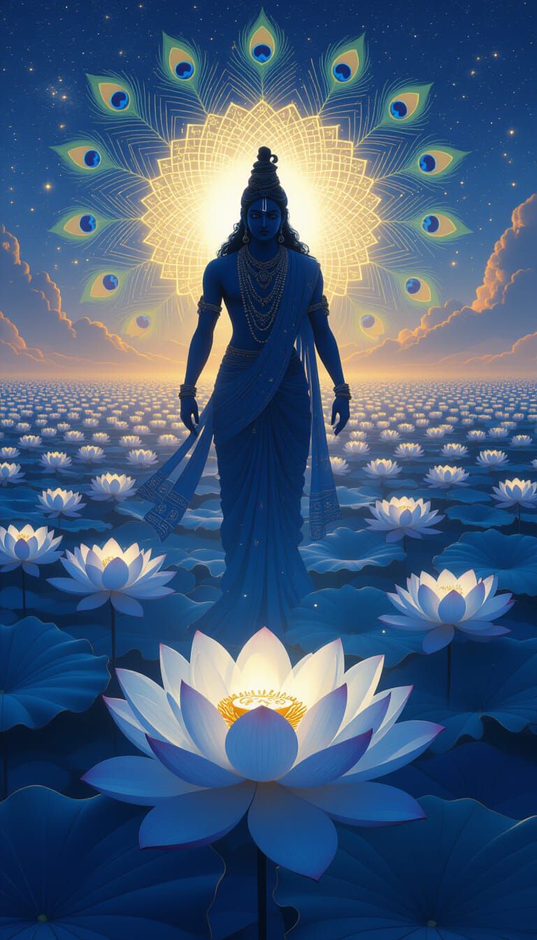 Krishna's Divine Lotus Galaxy with Constellation Feathers