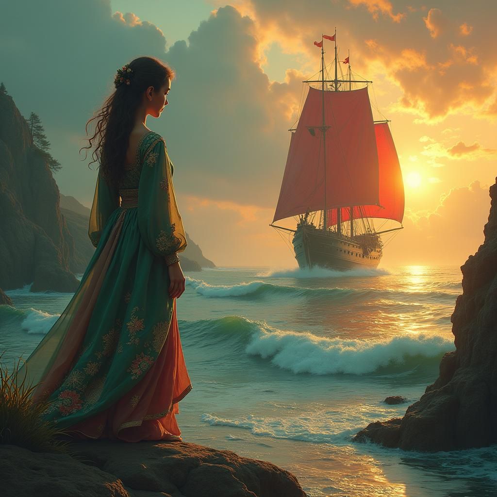 Melancholic Girl Watches Ship in Fantasy Sunset