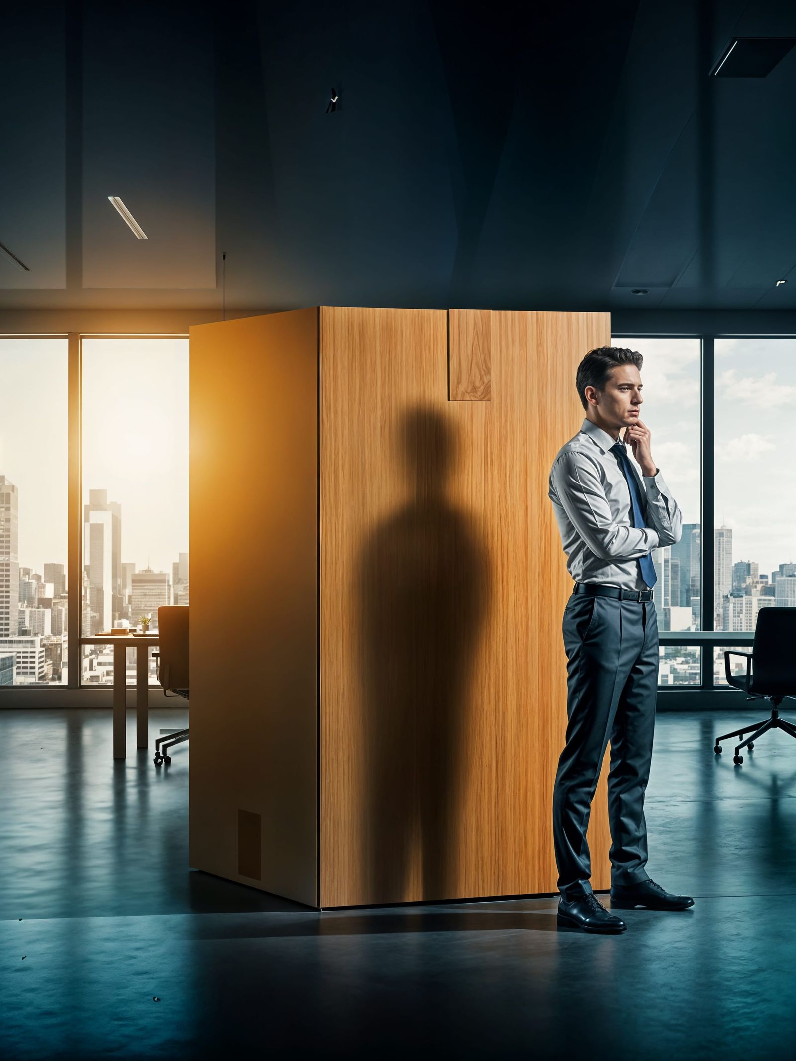 Man Contemplating Large Box in Modern Office