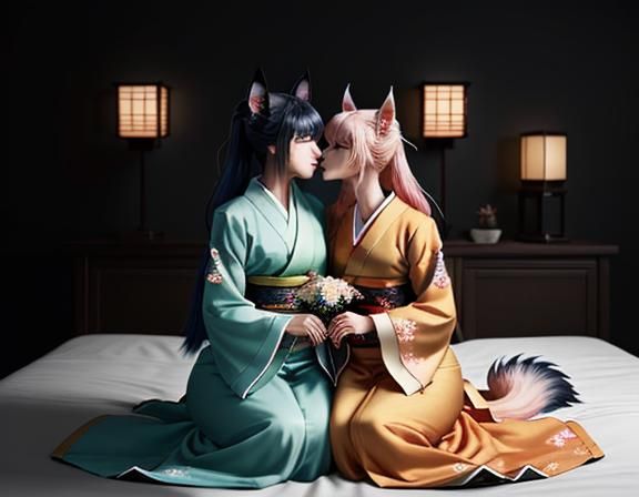Kitsune Twins Kissing: Manga-Style Digital Painting