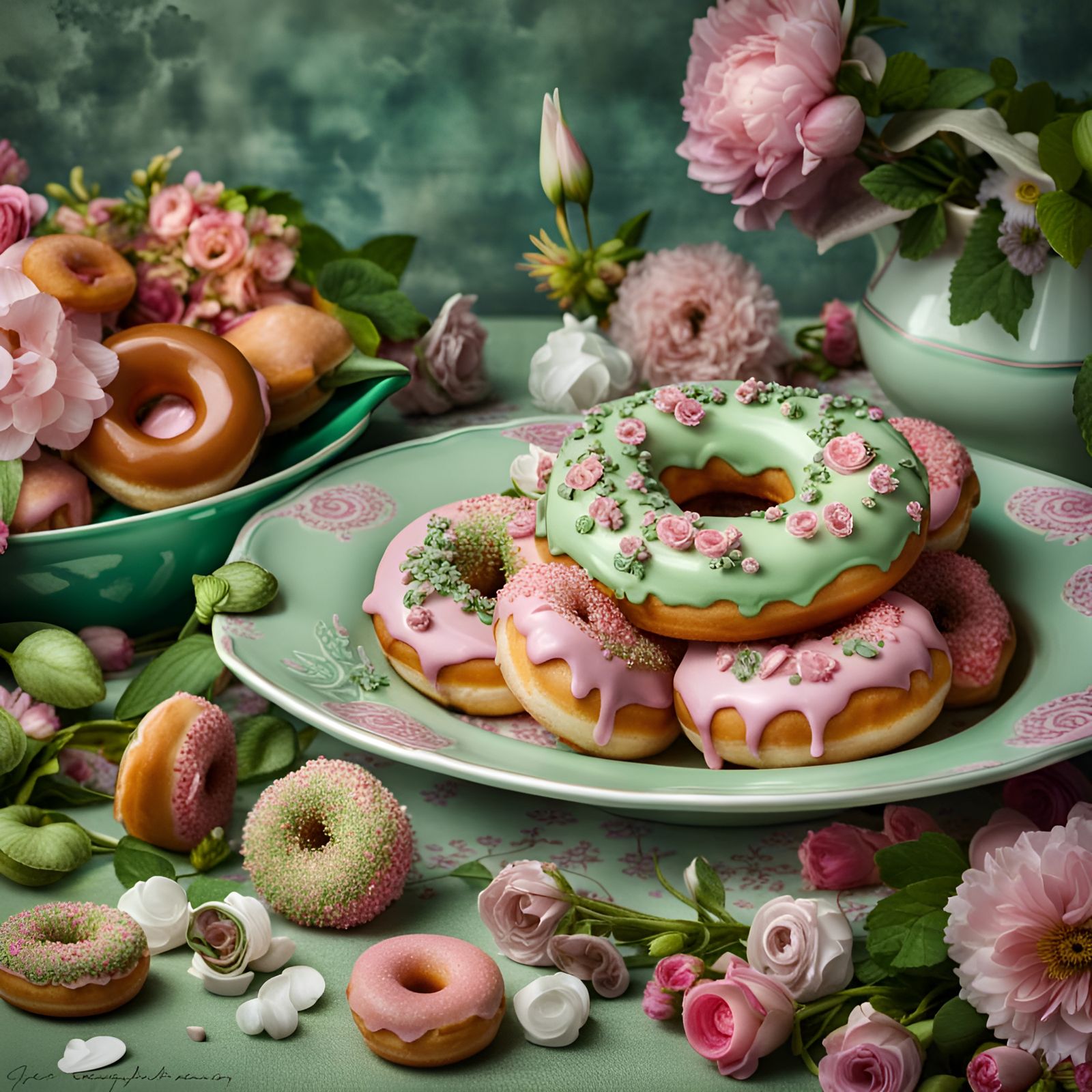 Hyperrealistic Still Life with Donuts and Flowers
