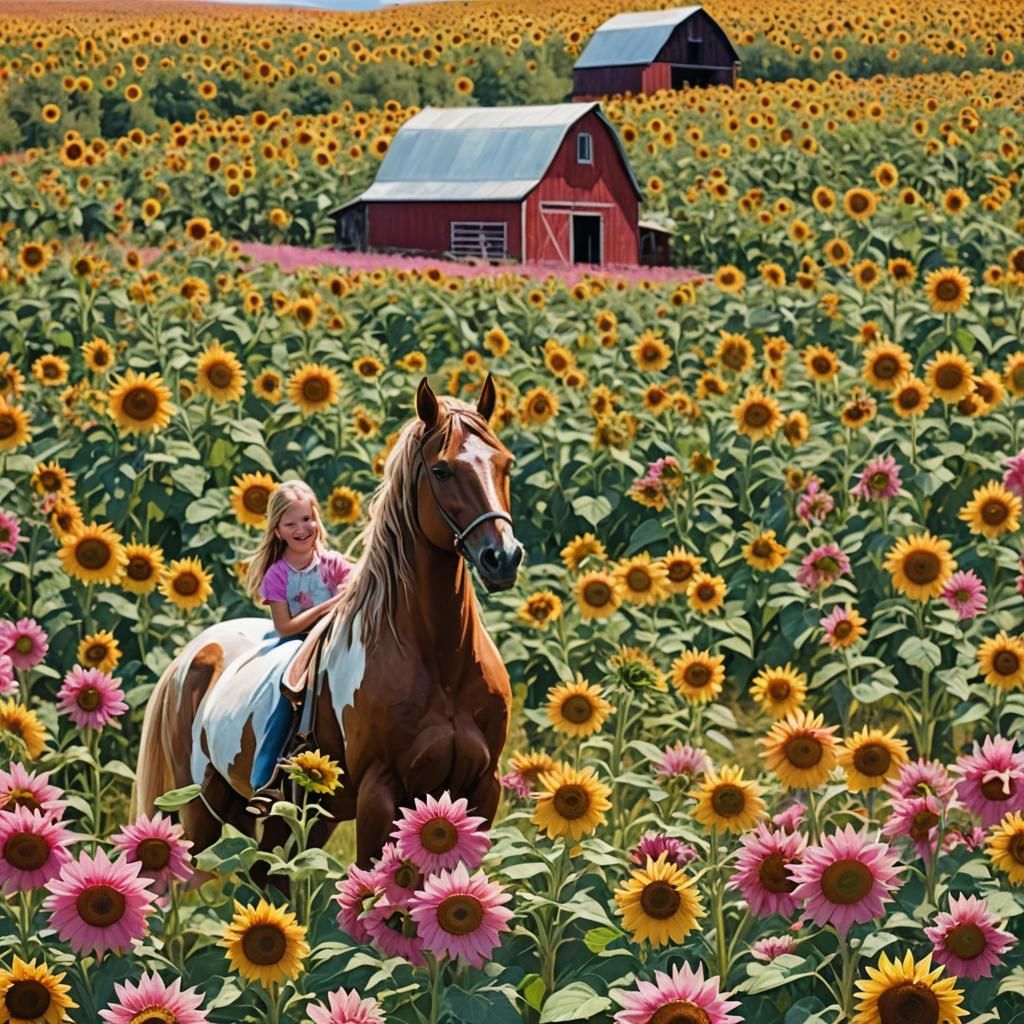 Pink Sunflowers and Rainbow Skies