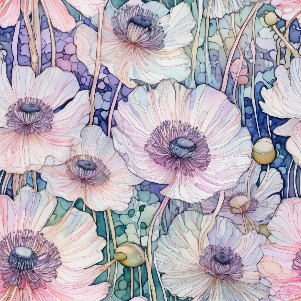 Abstract Wind Anemone Flowers in Watercolor