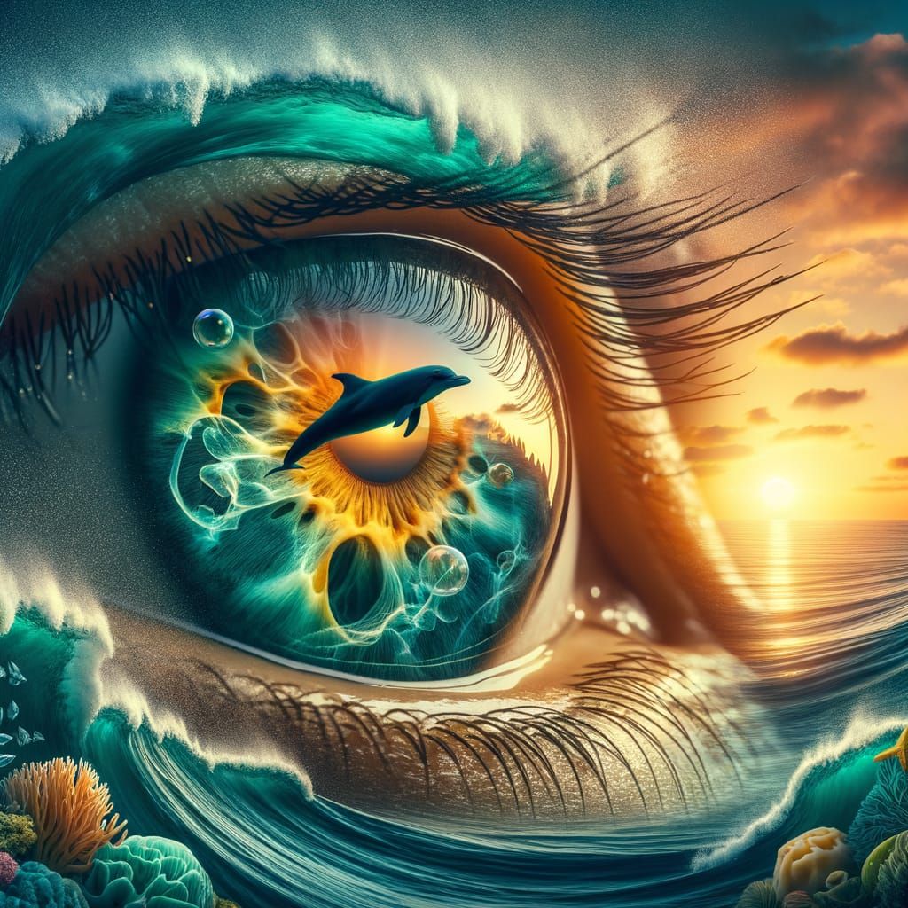 Ocean Eye Reflecting Surfing Wave at Sunset