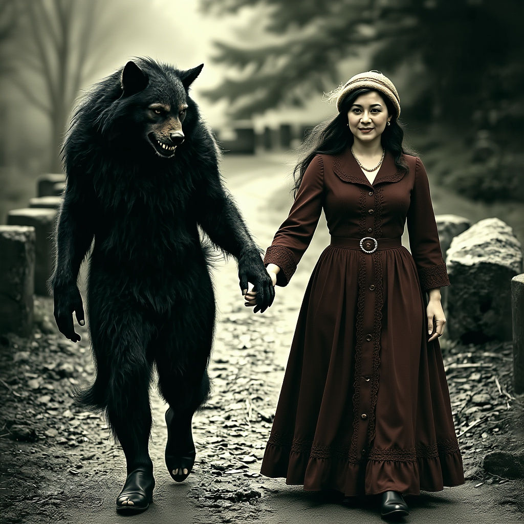 Werewolf and Hobbit in Edwardian Attire: Vintage Photograph