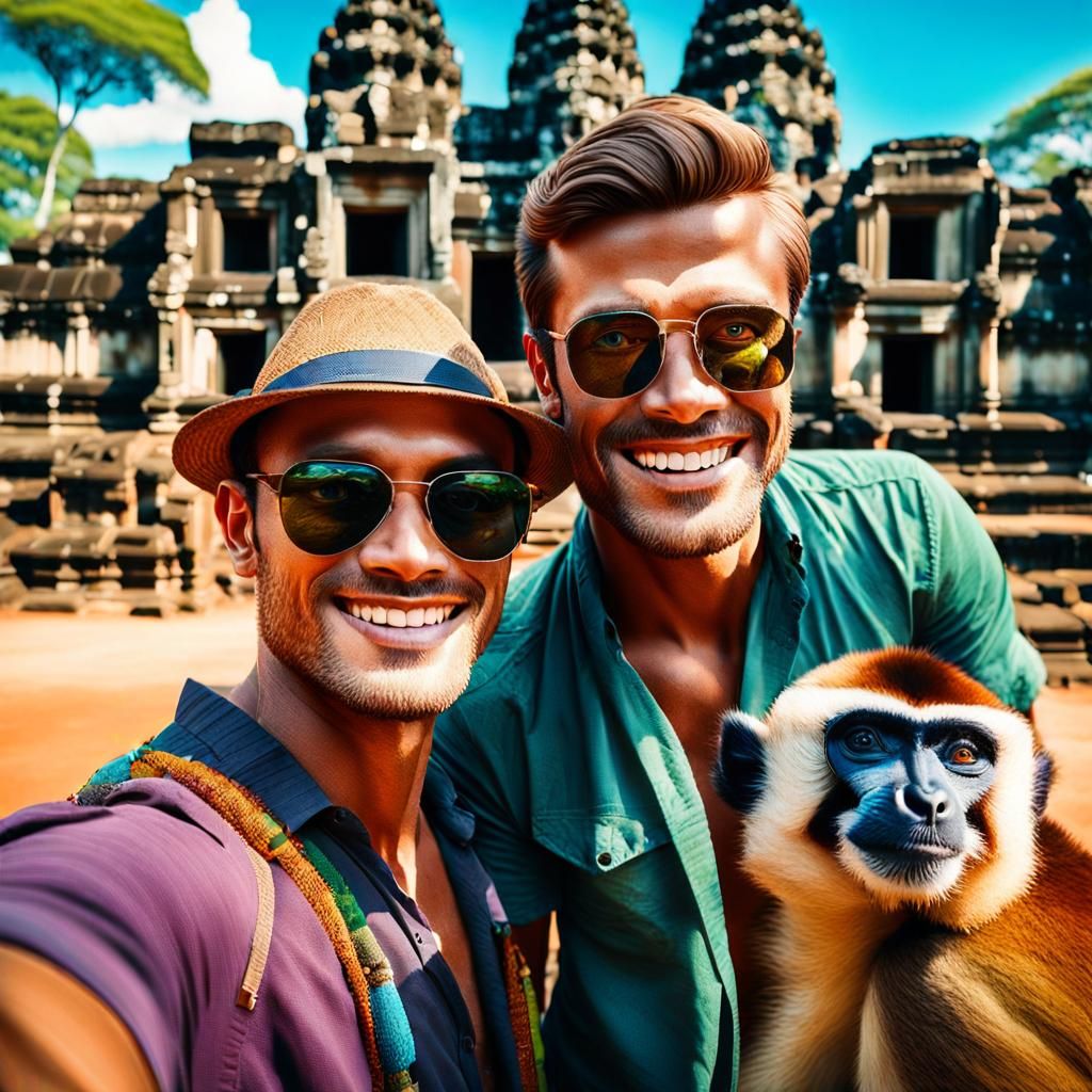 Romantic Selfie at Angkor Wat in Oil Painting Style