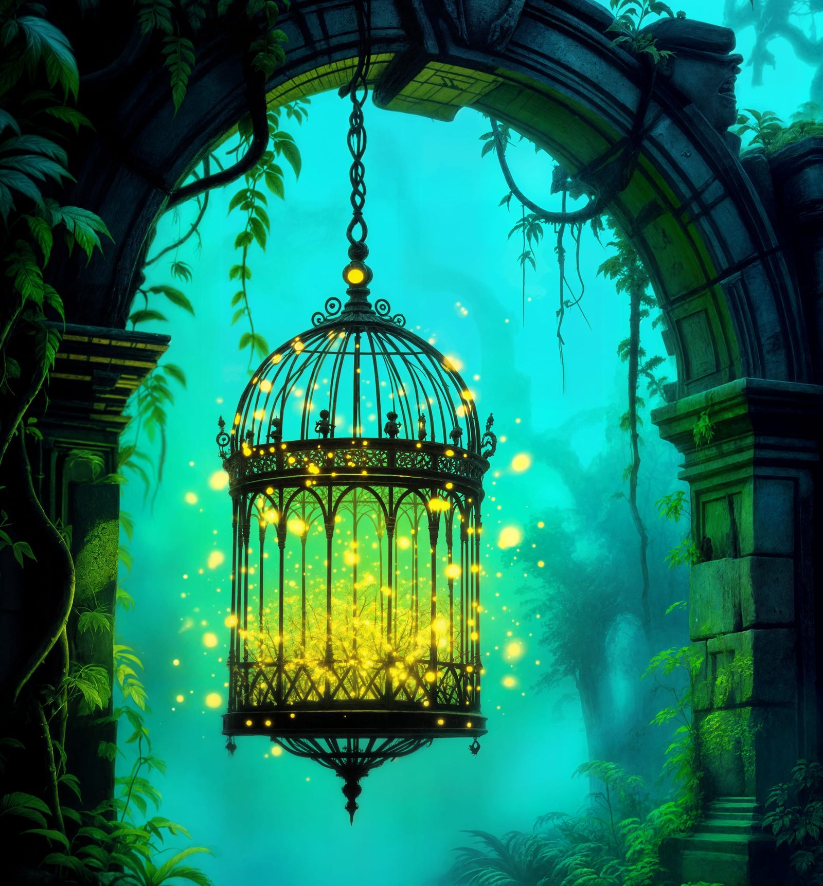 Bioluminescent Birdcage Guards Ancient Archway in Haunted Ju...
