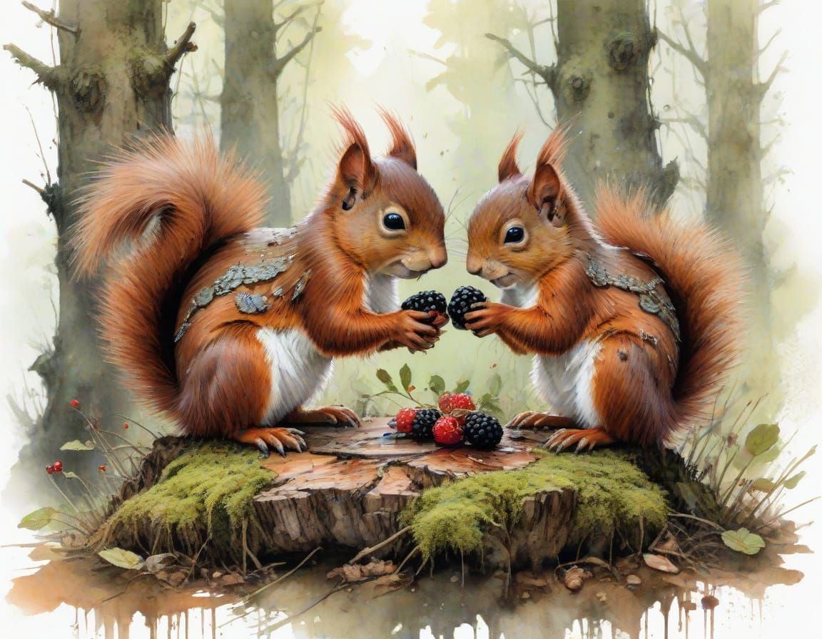 Red Squirrel Twins Share a Blackberry Crown, in Watercolour