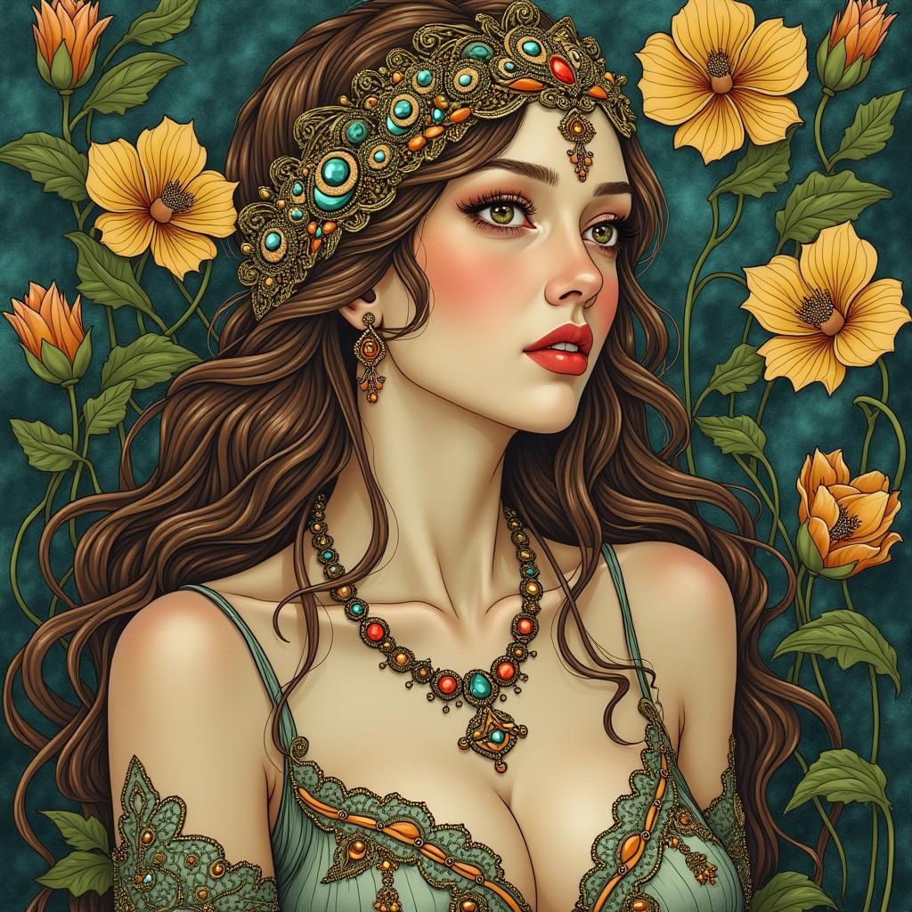 Art Nouveau Woman with Gemstone Headdress