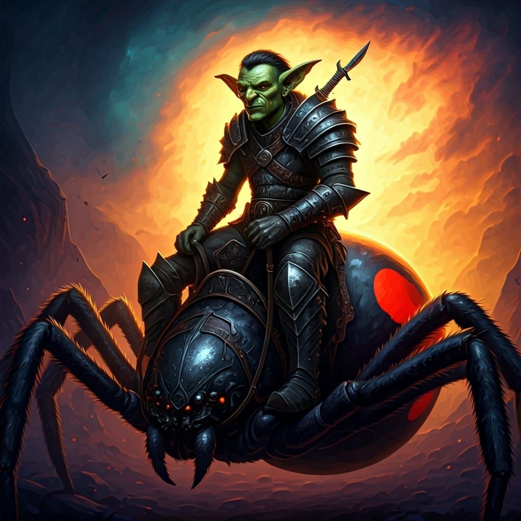 Goblin Warrior Riding a Giant Black Widow Spider
