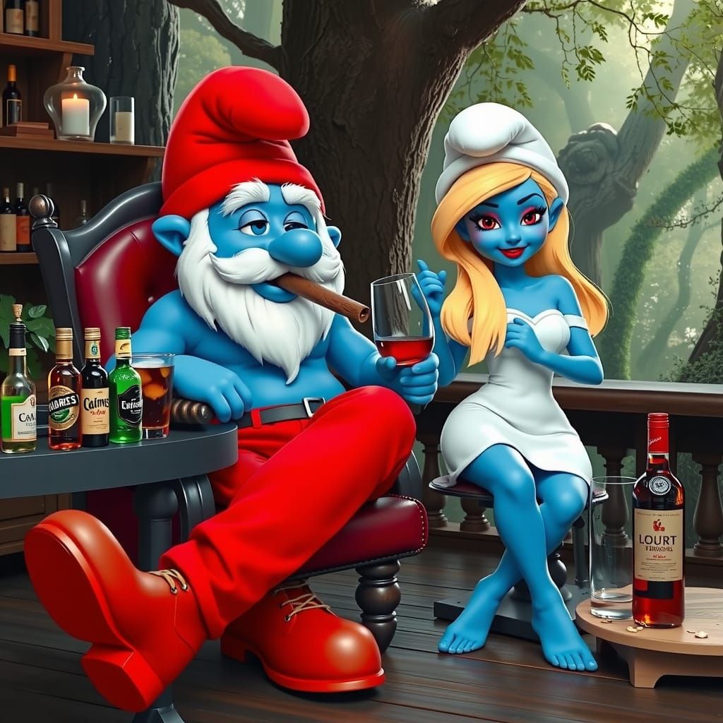 Smurf Papa in Whimsical Liquor Lair