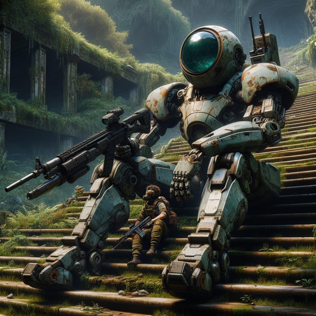 Mech Warrior Overlooking Decimated Temple Ruins