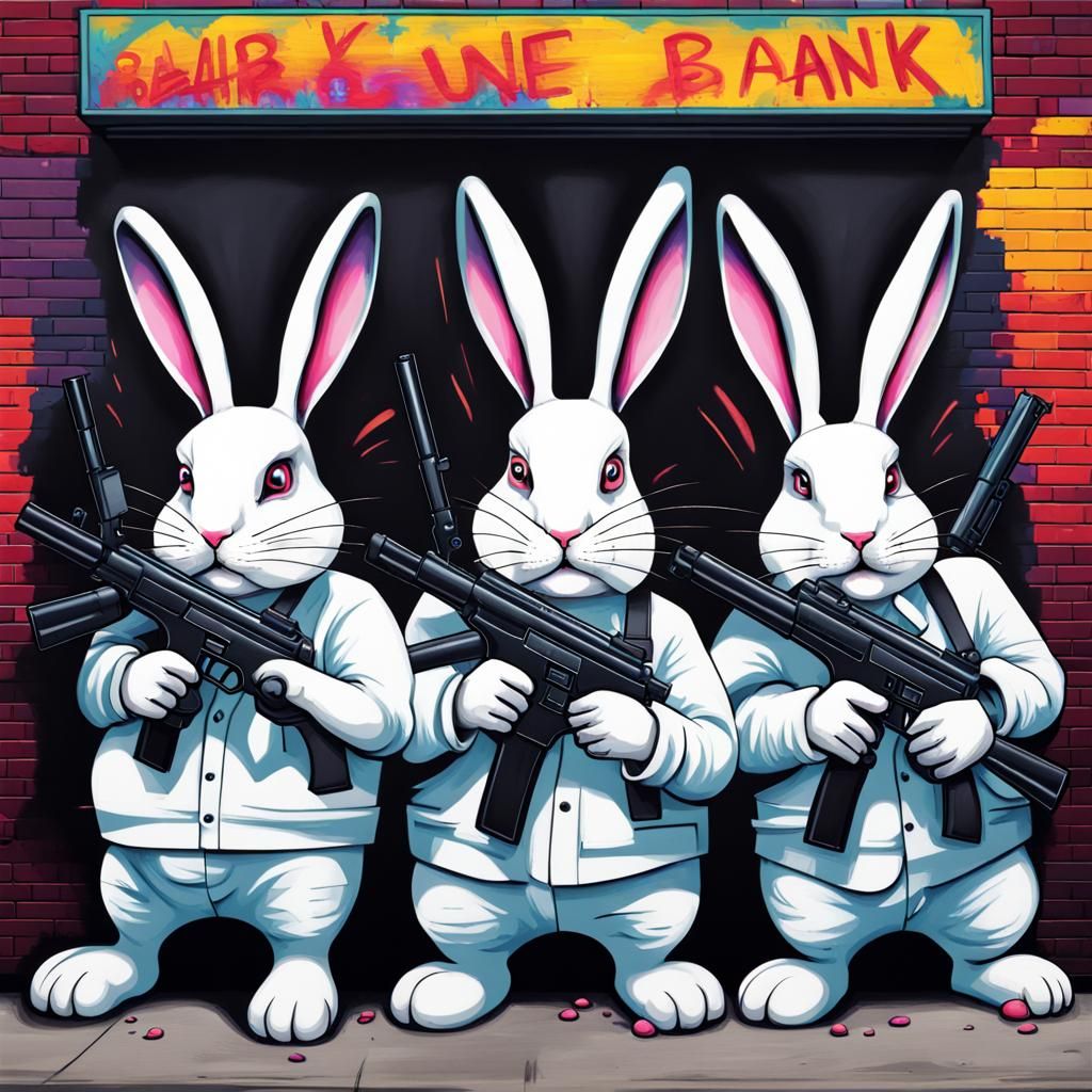 Giant Bunny Rabbits Robbing Bank in Graffiti Style