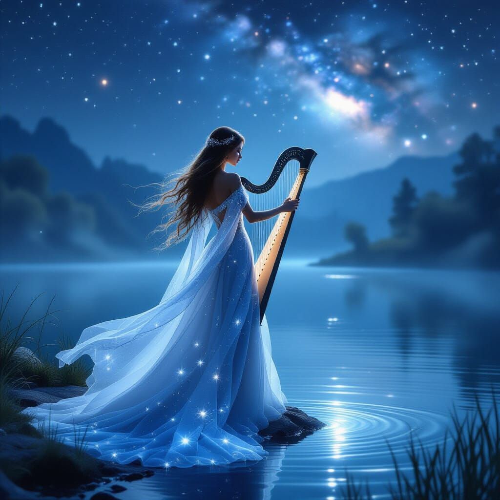 Ethereal Woman with Celestial Harp at Misty Lake
