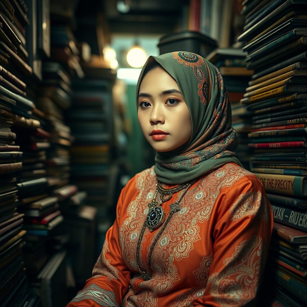 Javanese Woman in Kebaya at Vintage Bookstore