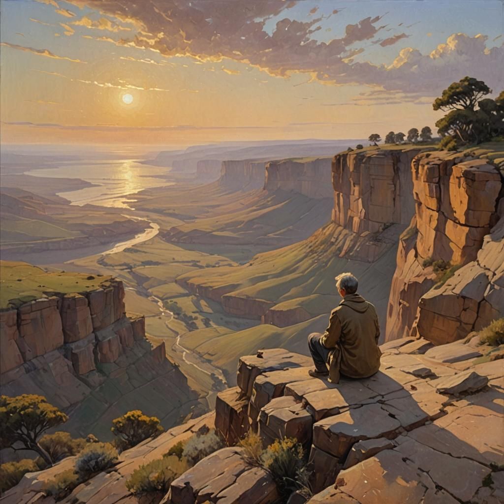 Contemplative Figure at Cliff Edge in Oil Painting Style