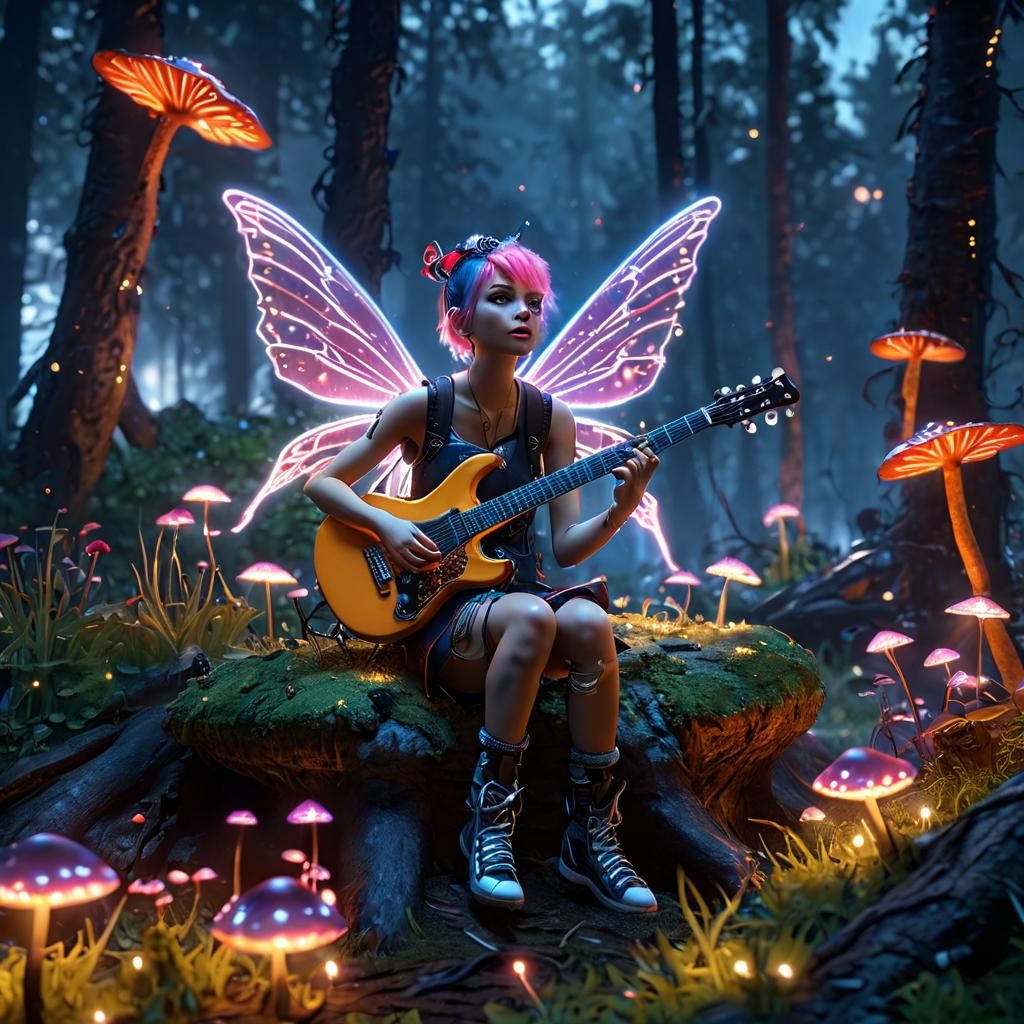 Punk Fairy Serenade in Neon Lit Forest