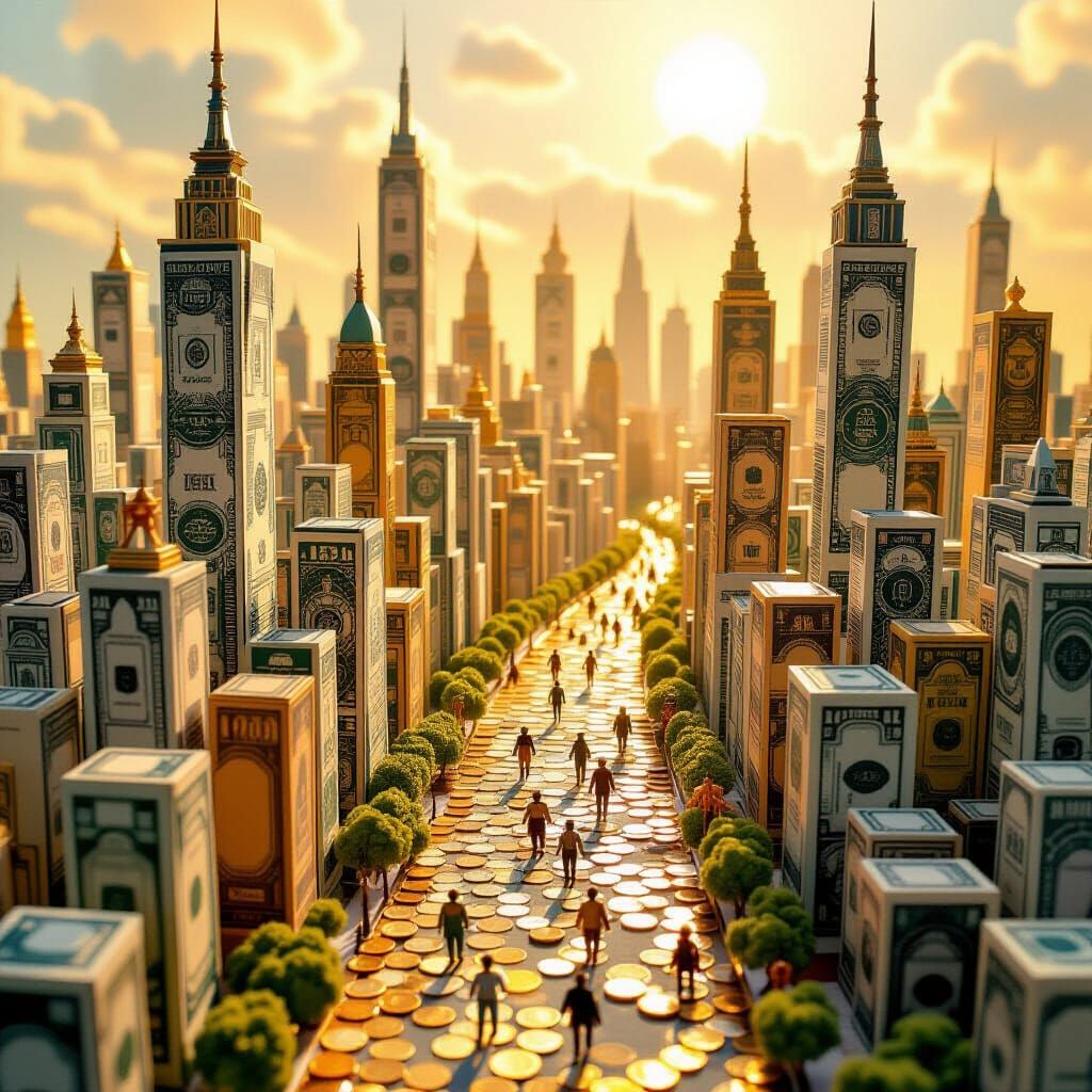 Fantasy Cityscape of Paper Money and Coins