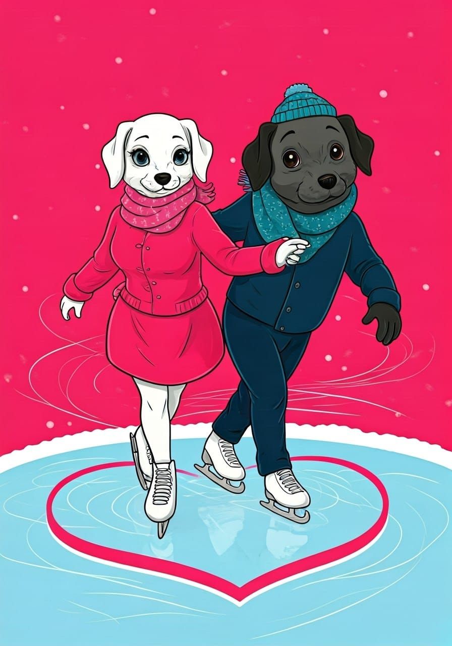 Cartoon Dalmatian Couple Skating on Heart-Shaped Ice Rink in...