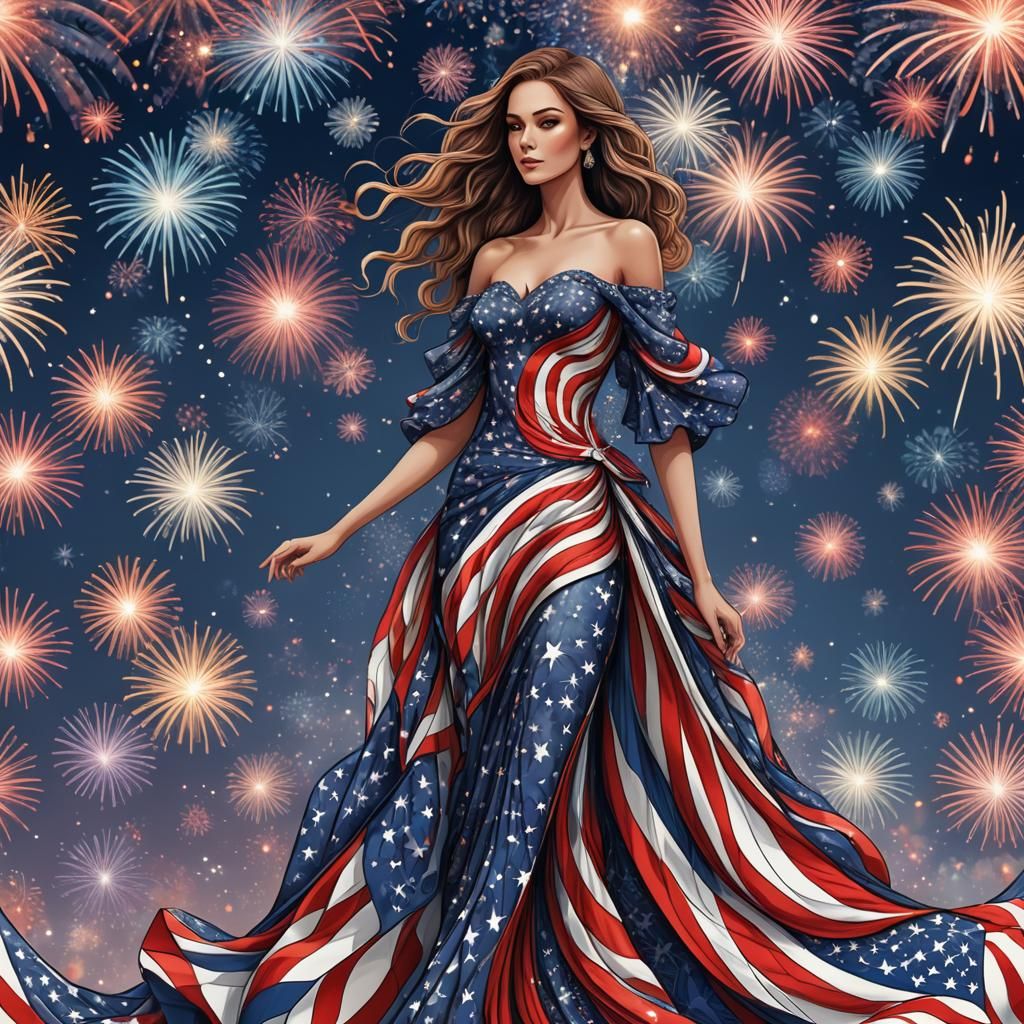 American Flag Gown with Fireworks in Fractal Style
