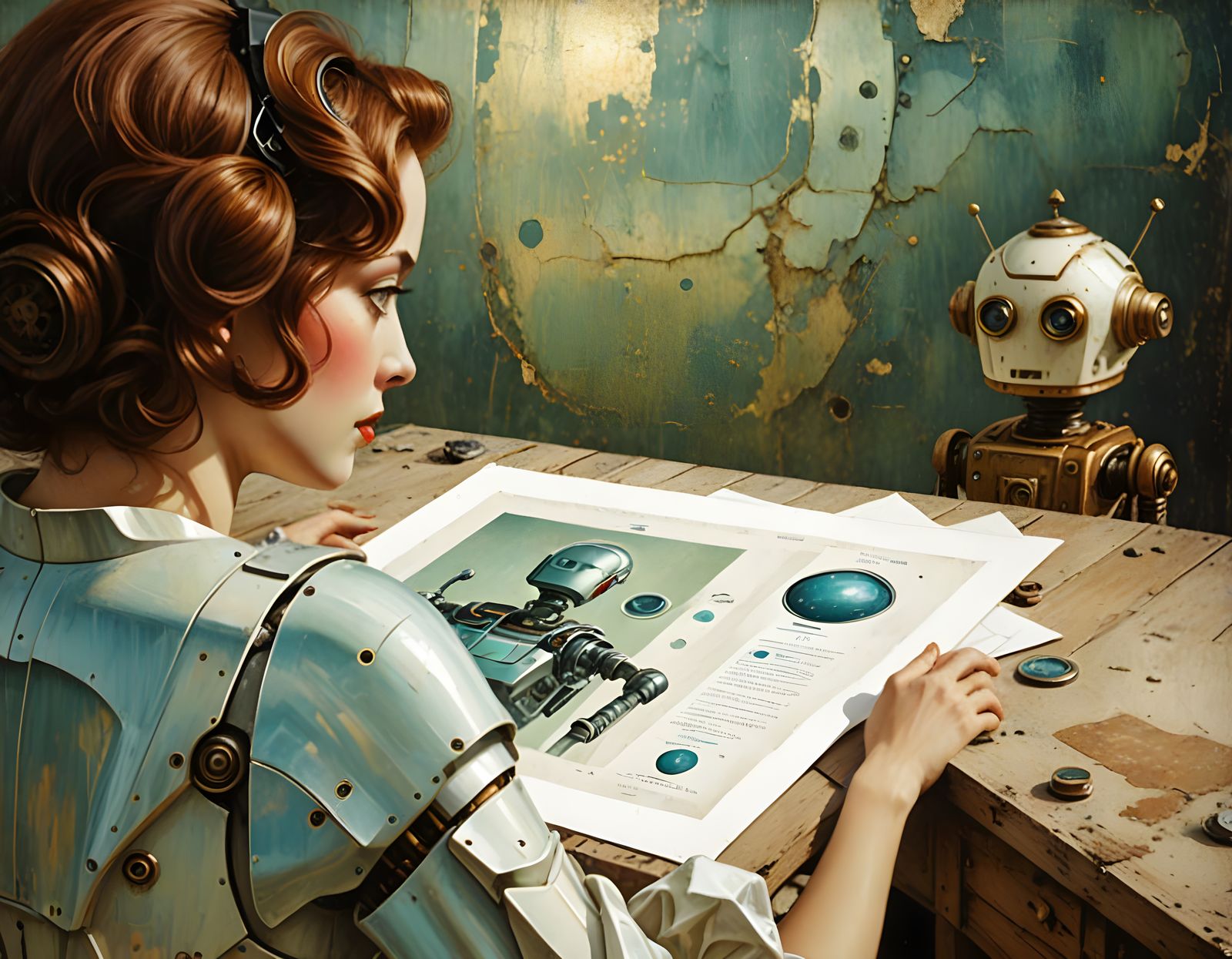 Vintage Robot in New Life on Venus as Oil Painting