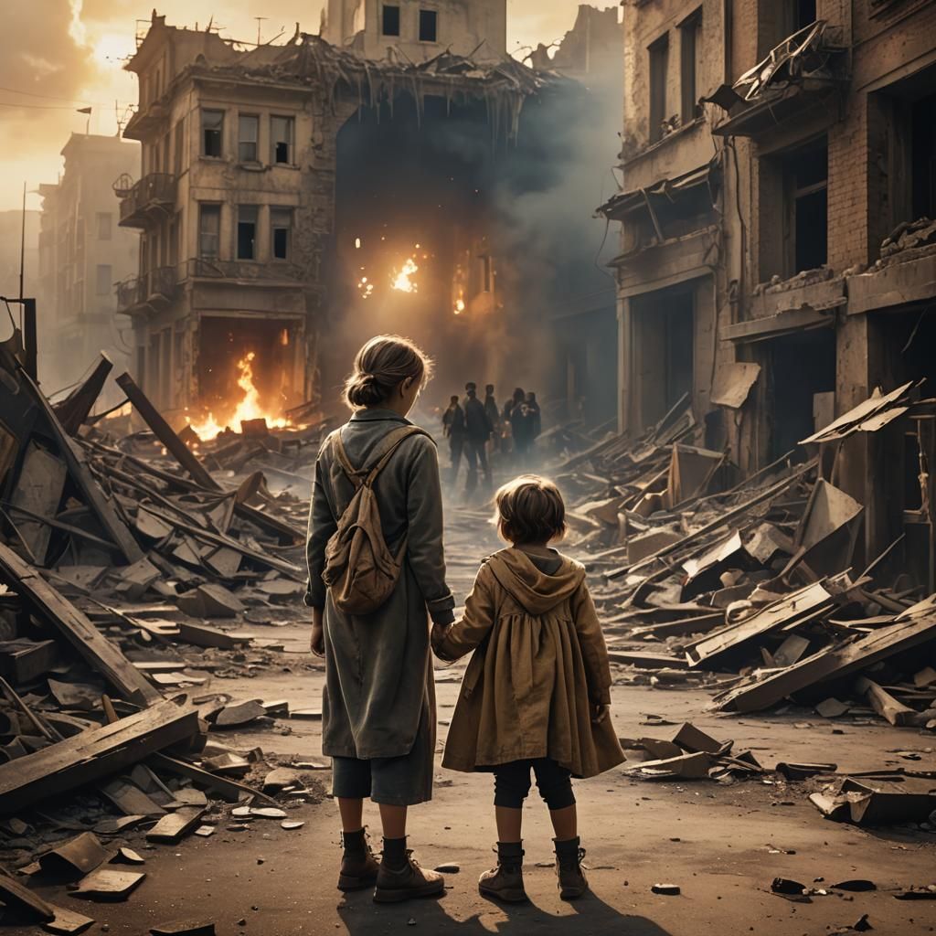 War-Torn Cityscape: Mother and Child Remember Father