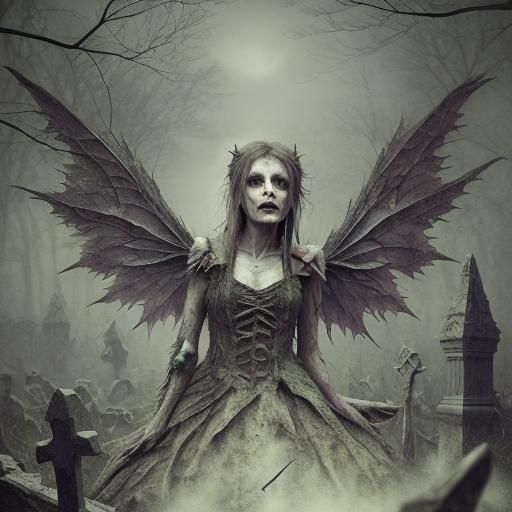 Zombie Fairy Attack in Misty Graveyard: Dark Fantasy