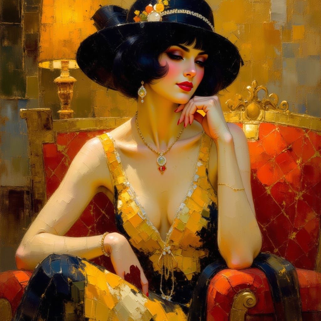 Flapper Girl in Klimt's Opulent Style with Gold Accents
