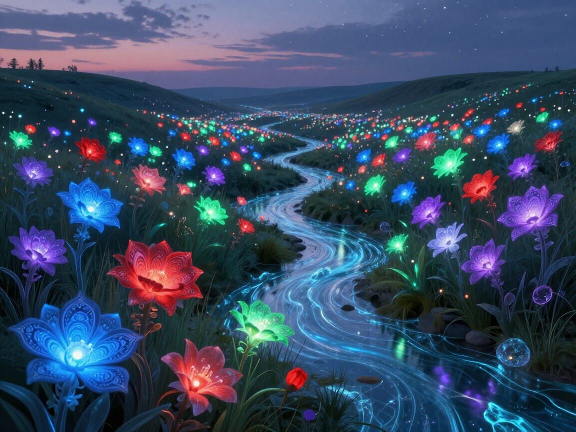 Ethereal Bioluminescent Flowers in Twilight Meadow