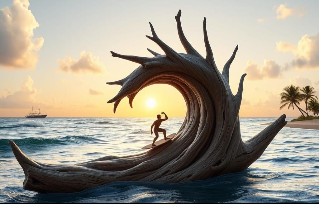 Surreal Wood Carved Wave with Surfer Figurine