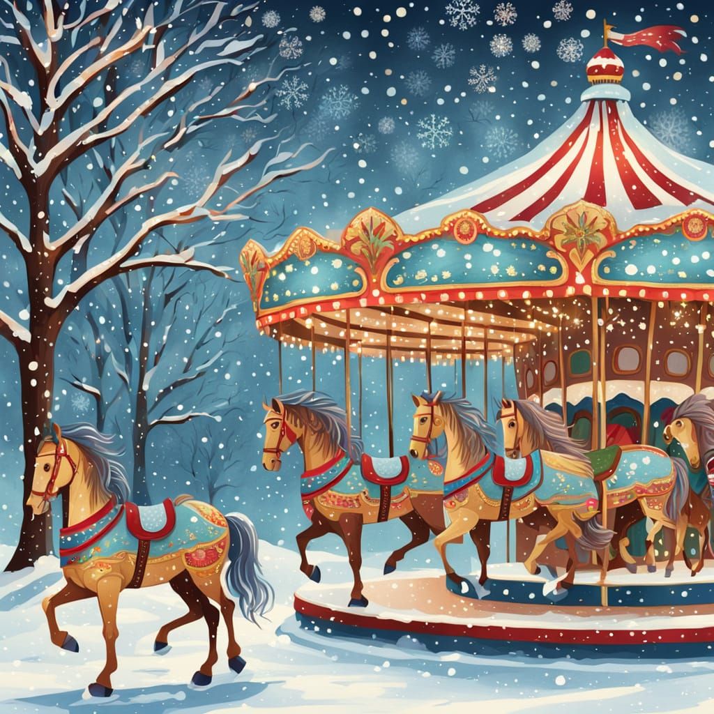 Whimsical Winter Carousel in Folk Art Woodcut Style