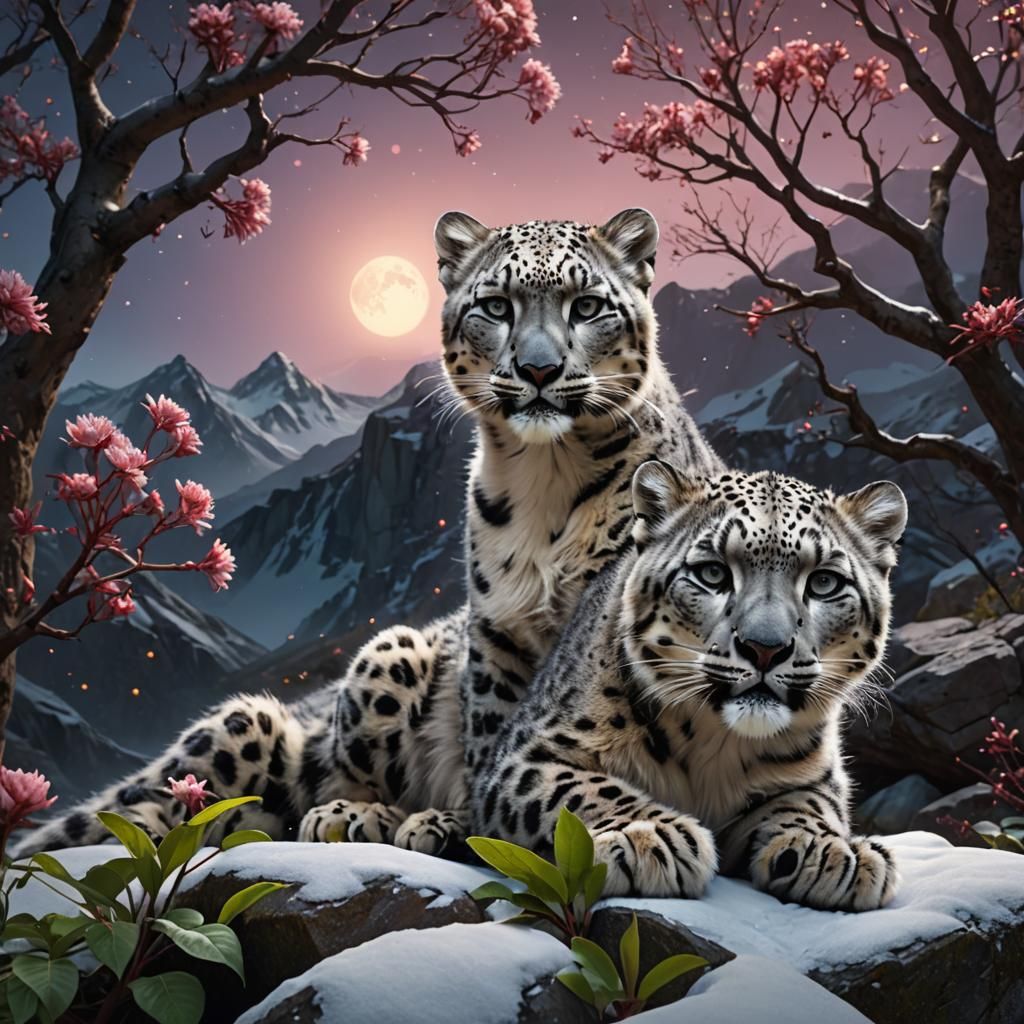 Baby Snow Leopard Asleep in Moonlight: Fantasy Matte Paintin...