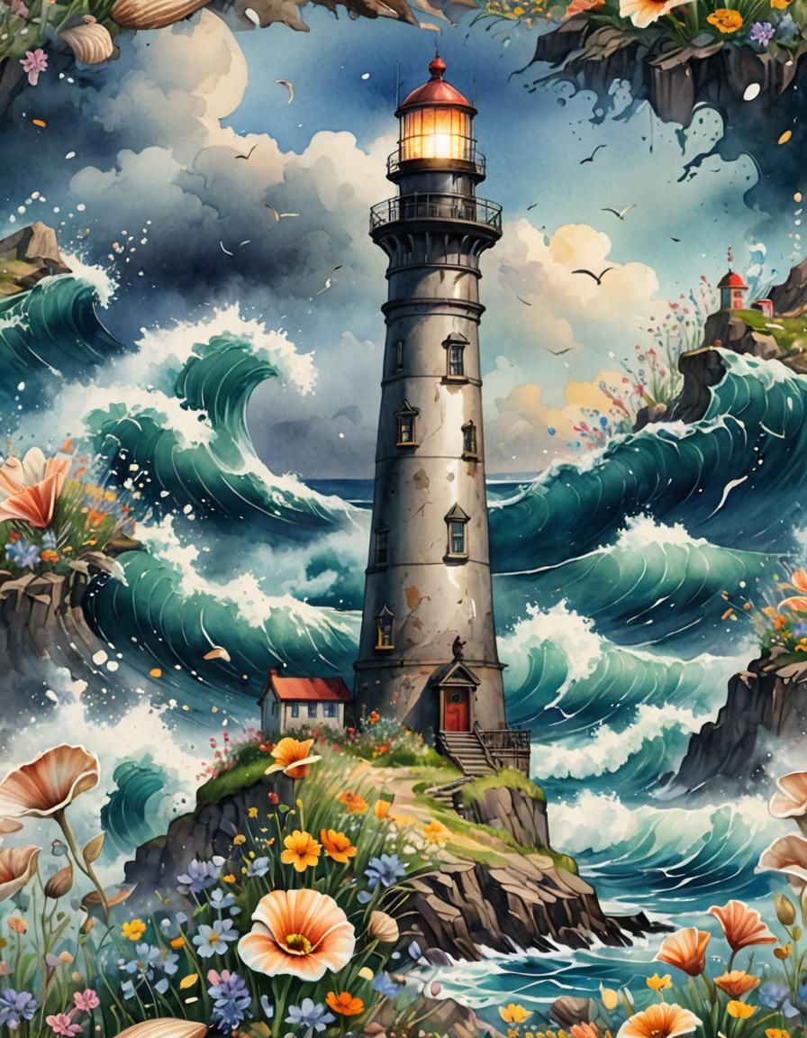 Watercolor Lighthouse with Wildflowers and Ocean Waves
