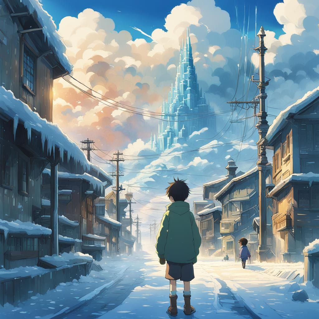 Vibrant Winter Townscape in Studio Ghibli Style
