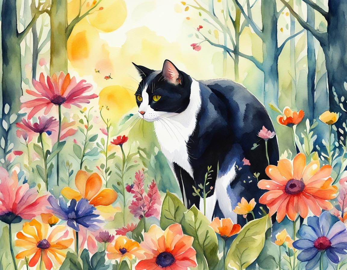 Happy Tuxedo Cat Sniffing Flower, Watercolor Style