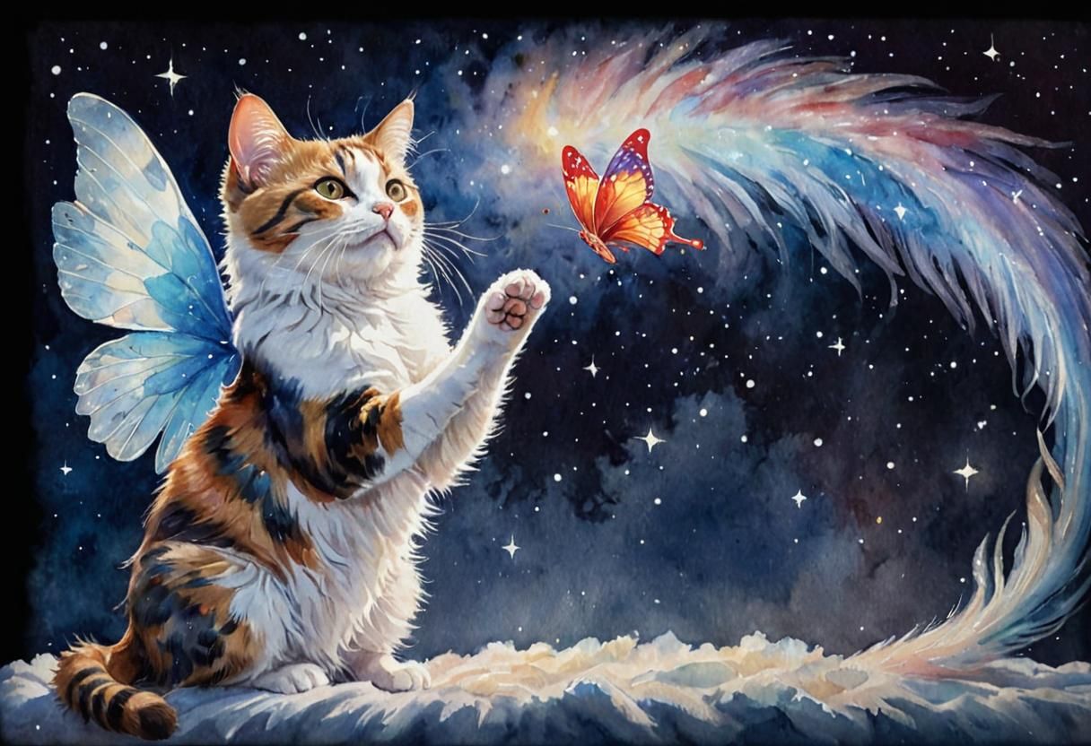 Calico Cat with Angel Wings Watercolor Art