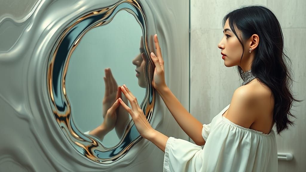 Woman and Liquid Mirror in Surrealist Style