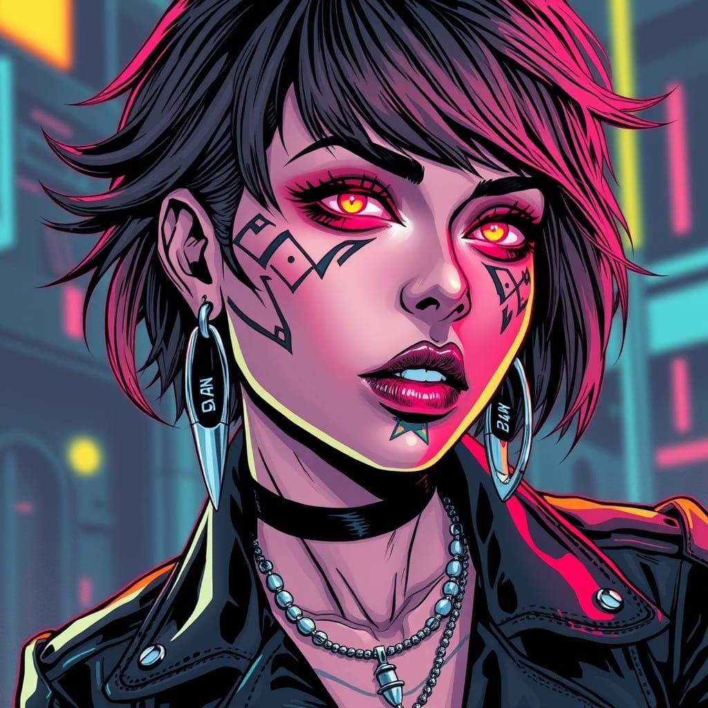 Cyberpunk Woman with Mandelbrot Tattoos