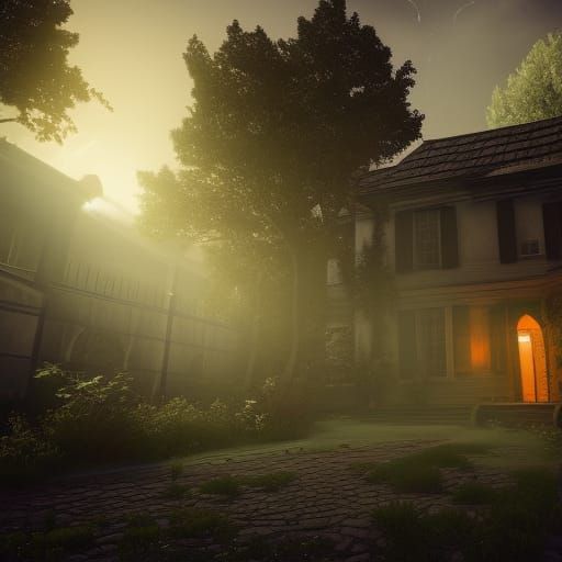 Old Dark House at Night with Shadow Figure