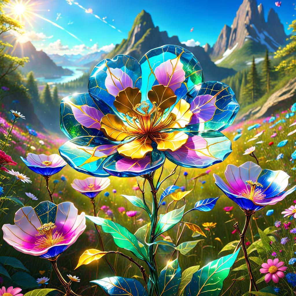 Kintsugi Glass Flower Meadow in Solarpunk Style