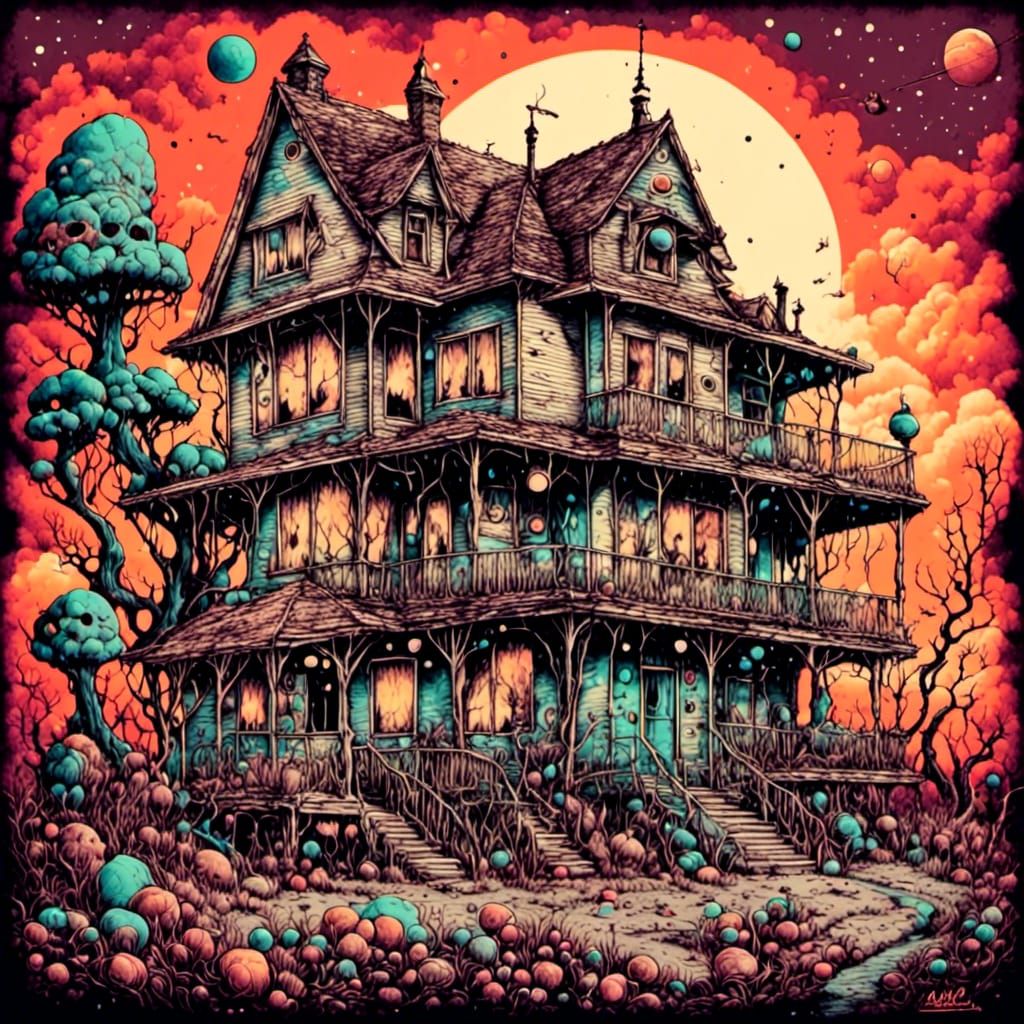 Creepy motel Pen and ink illustration Rare vintage colours <...