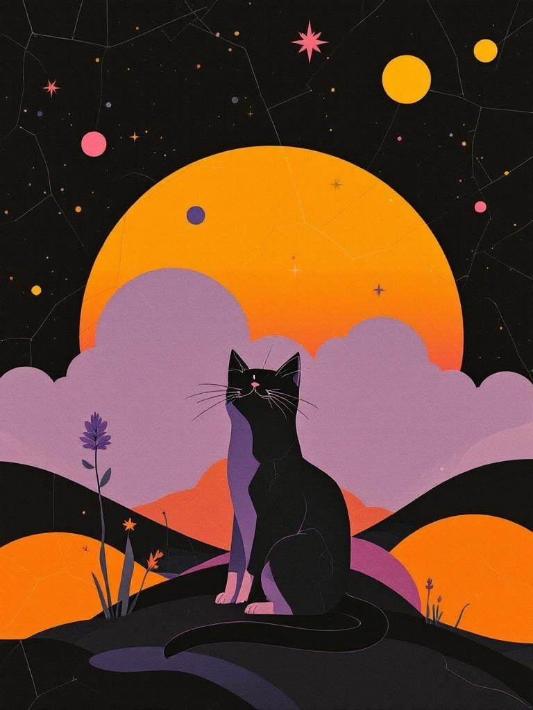 Cat Under Flower in Geometric 70s Style